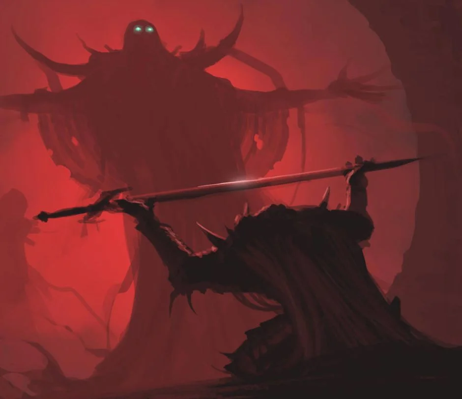 Man giving sword to larger man