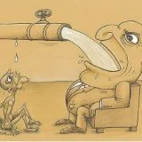Fat man drinking from pipe